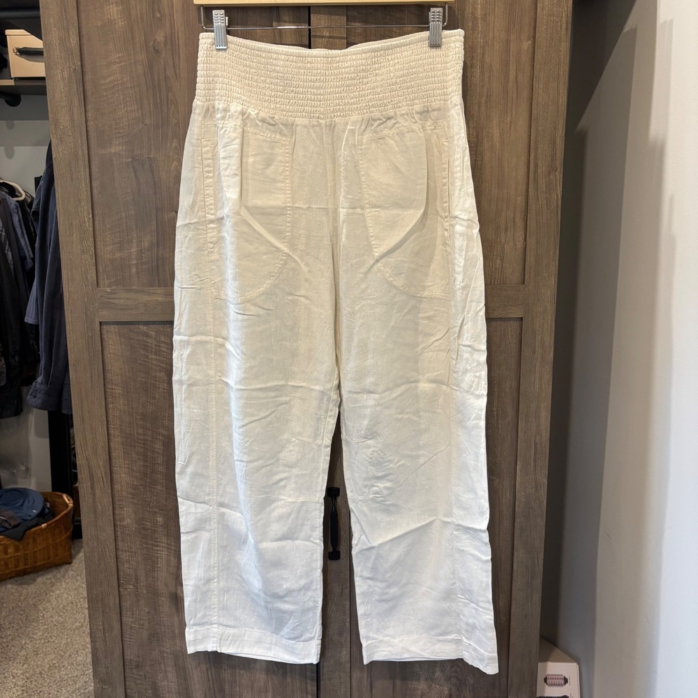 Pilcro Smocked Waist Linen Blend Wide Leg Pants Cream Small
